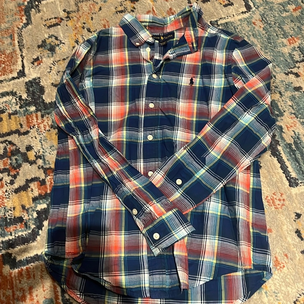 EUC Ralph Lauren Plaid Button-Down: Size L (14/16) Blues, Red, Yellow and White